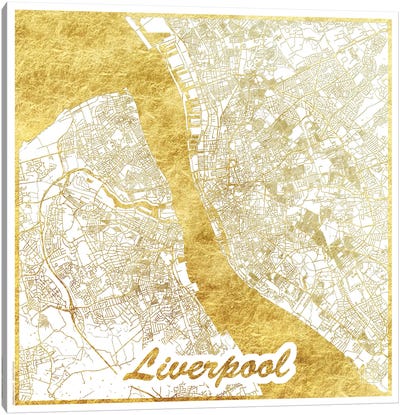 Liverpool Gold Leaf Urban Blueprint Map Canvas Art Print - Gold & White Art