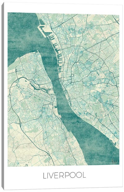 Liverpool Vintage Blue Watercolor Urban Blueprint Map Canvas Art Print - Hubert Roguski