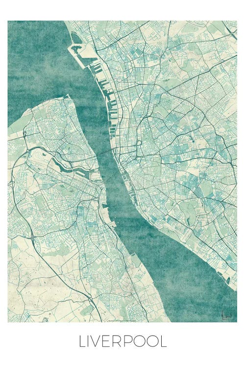 Liverpool Vintage Blue Watercolor Urban Blueprint Map