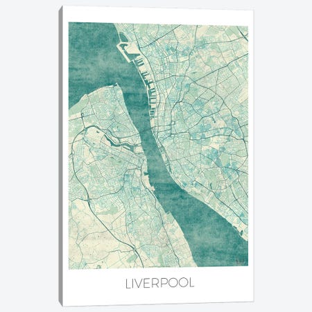 Liverpool Vintage Blue Watercolor Urban Blueprint Map Canvas Print #HUR184} by Hubert Roguski Canvas Artwork