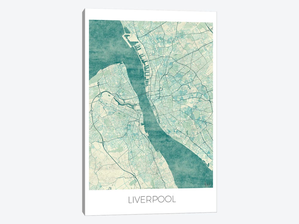 Liverpool Vintage Blue Watercolor Urban Blueprint Map by Hubert Roguski 1-piece Art Print