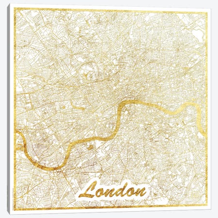 London Gold Leaf Urban Blueprint Map Canvas Print #HUR185} by Hubert Roguski Canvas Wall Art