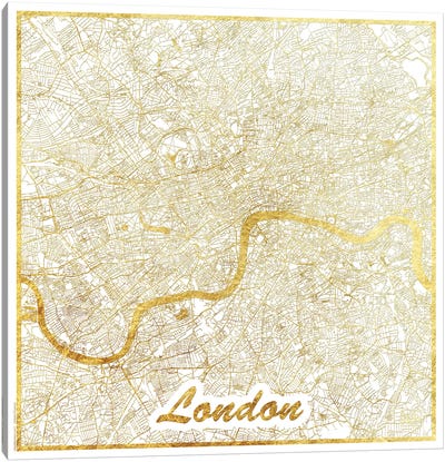London Gold Leaf Urban Blueprint Map Canvas Art Print - Black, White & Gold Art