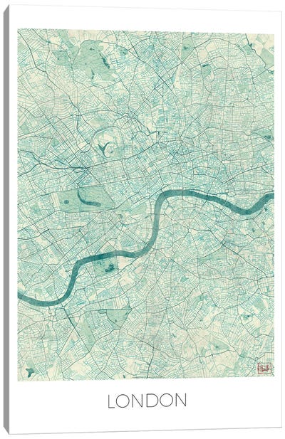 London Vintage Blue Watercolor Urban Blueprint Map Canvas Art Print - United Kingdom Art