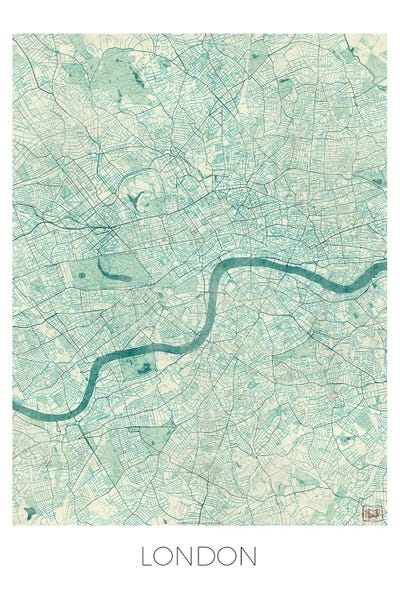 London Maps: London Vintage Blue Watercolor Urban Blueprint Map by Hubert Roguski