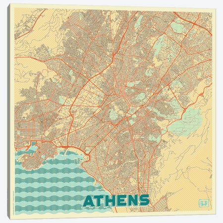 Athens Retro Urban Blueprint Map Canvas Print #HUR18} by Hubert Roguski Canvas Wall Art