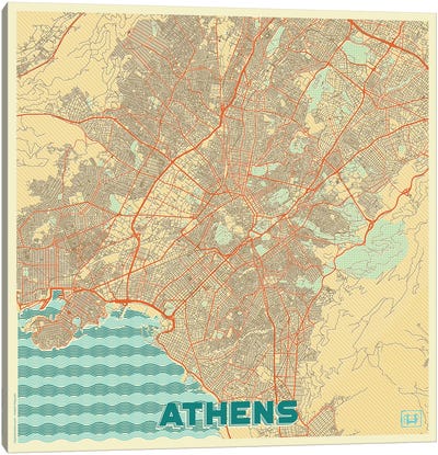 Athens Retro Urban Blueprint Map Canvas Art Print - Athens Art