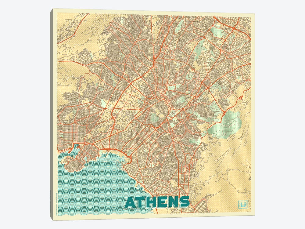 Athens Retro Urban Blueprint Map by Hubert Roguski 1-piece Canvas Art Print