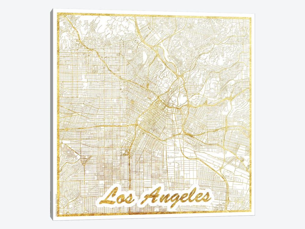 Los Angeles Gold Leaf Urban Blueprint Map by Hubert Roguski 1-piece Canvas Artwork