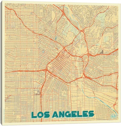 Los Angeles Retro Urban Blueprint Map Canvas Art Print - Los Angeles Art