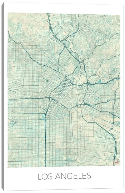 Los Angeles Vintage Blue Watercolor Urban Blueprint Map Canvas Art Print - Los Angeles Art
