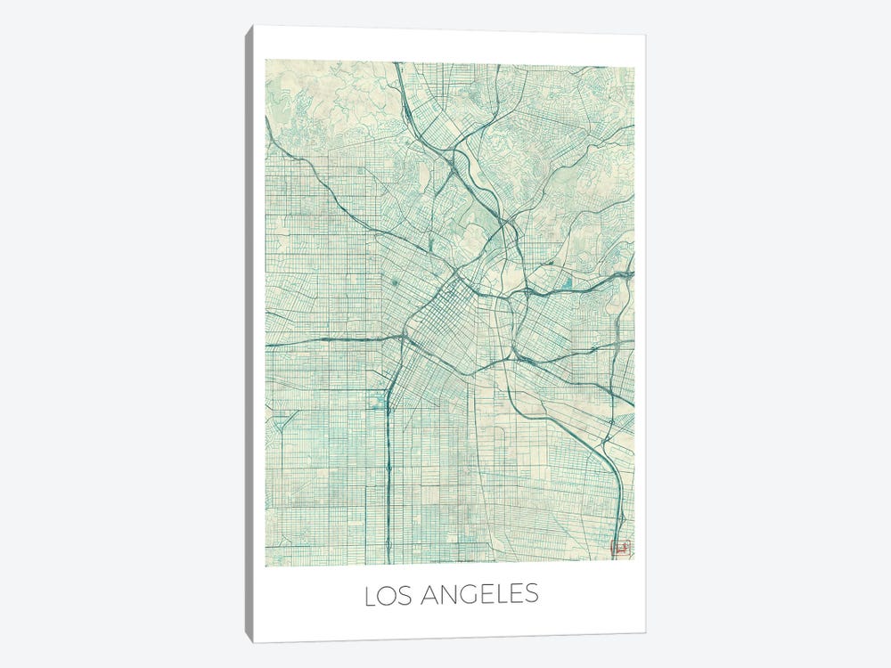 Los Angeles Vintage Blue Watercolor Urban Blueprint Map by Hubert Roguski 1-piece Canvas Art