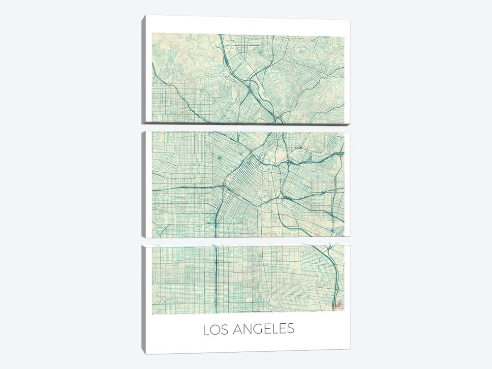 Los Angeles Vintage Blue Watercolor Urban Blueprint Map by Hubert Roguski 3-piece Canvas Wall Art