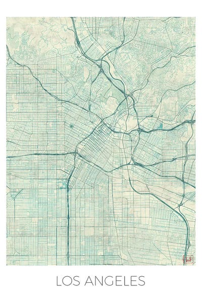 Large Map Art - Canvas Prints: Los Angeles Vintage Blue Watercolor Urban Blueprint Map by Hubert Roguski