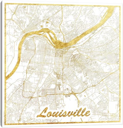 Louisville Gold Leaf Urban Blueprint Map Canvas Art Print - Gold & White Art