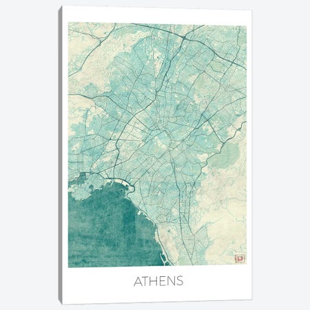 Athens Vintage Blue Watercolor Urban Blueprint Map Canvas Print #HUR19} by Hubert Roguski Canvas Art