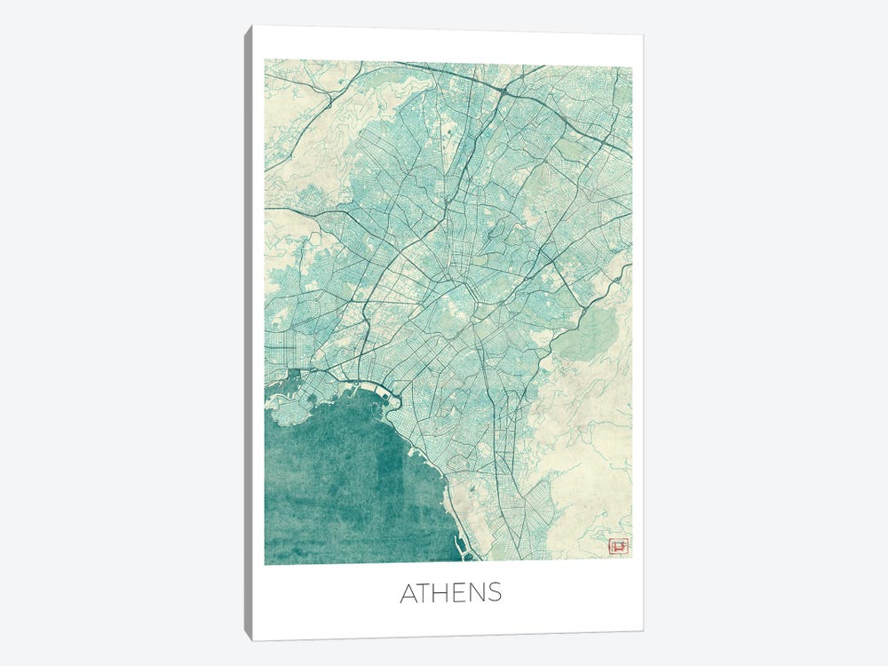 Athens Vintage Blue Watercolor Urban Blueprint Map by Hubert Roguski 1-piece Canvas Wall Art