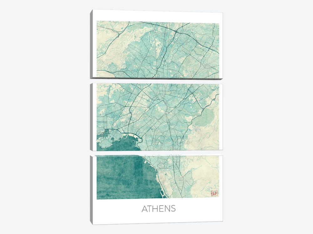 Athens Vintage Blue Watercolor Urban Blueprint Map by Hubert Roguski 3-piece Canvas Wall Art