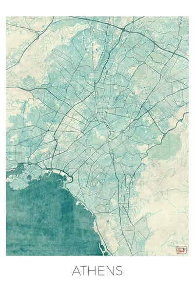Athens: Athens Vintage Blue Watercolor Urban Blueprint Map by Hubert Roguski