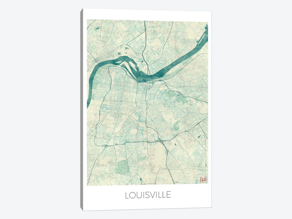 Louisville Vintage Blue Watercolor Urban Blueprint Map by Hubert Roguski 1-piece Canvas Print
