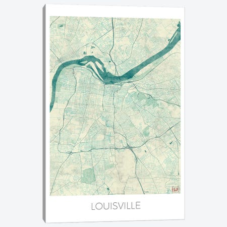Louisville Vintage Blue Watercolor Urban Blueprint Map Canvas Print #HUR200} by Hubert Roguski Canvas Wall Art