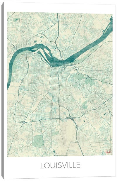Louisville Vintage Blue Watercolor Urban Blueprint Map Canvas Art Print - Louisville Art