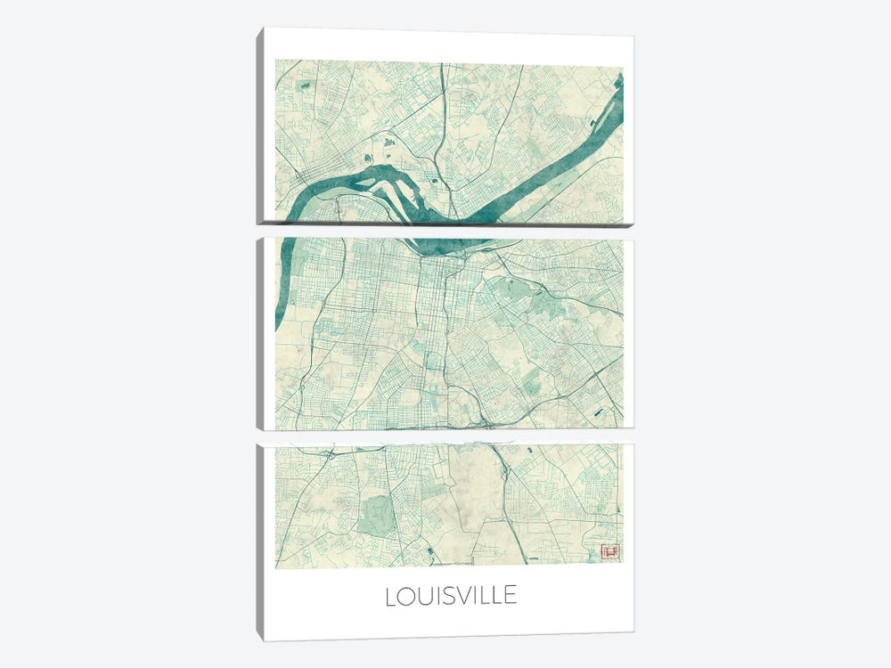 Louisville Vintage Blue Watercolor Urban Blueprint Map by Hubert Roguski 3-piece Canvas Art Print