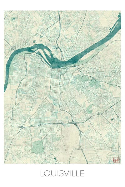 Hubert Roguski: Louisville Vintage Blue Watercolor Urban Blueprint Map by Hubert Roguski