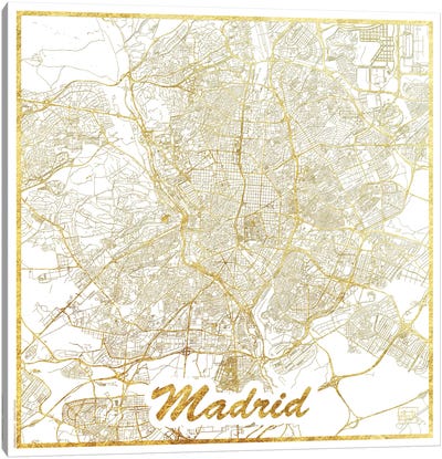 Madrid Gold Leaf Urban Blueprint Map Canvas Art Print - Gold & White Art