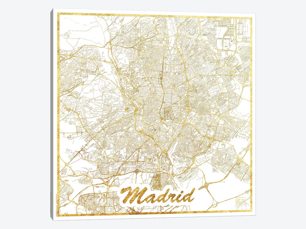 Madrid Gold Leaf Urban Blueprint Map by Hubert Roguski 1-piece Canvas Art