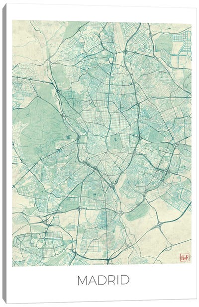 Madrid Vintage Blue Watercolor Urban Blueprint Map Canvas Art Print - Madrid Art