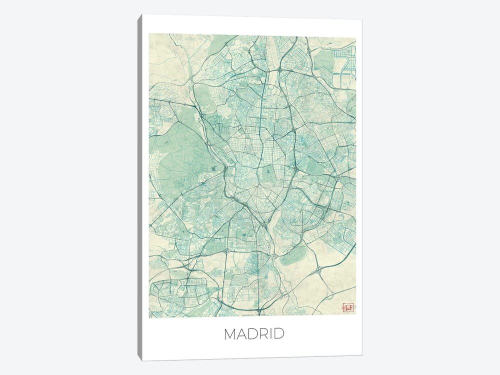 Madrid Vintage Blue Watercolor Urban Blueprint Map by Hubert Roguski 1-piece Canvas Artwork