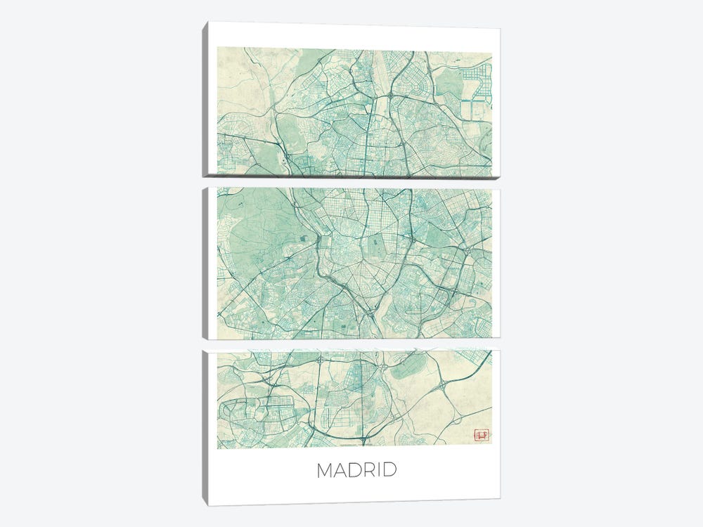 Madrid Vintage Blue Watercolor Urban Blueprint Map by Hubert Roguski 3-piece Canvas Wall Art