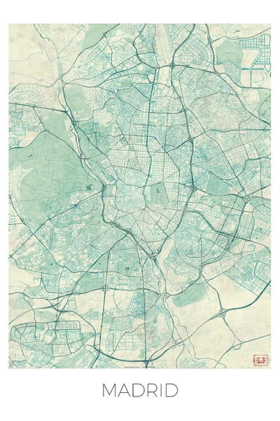 Hubert Roguski: Madrid Vintage Blue Watercolor Urban Blueprint Map by Hubert Roguski