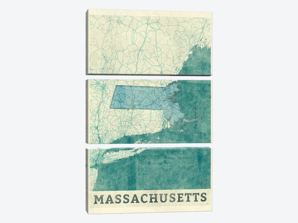 Massachusetts Map by Hubert Roguski 3-piece Canvas Print