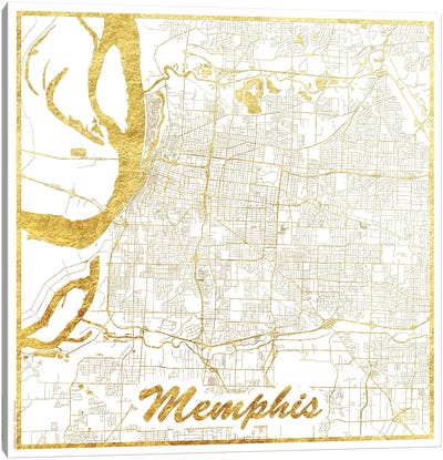 Memphis Gold Leaf Urban Blueprint Map Canvas Art Print - Gold & White Art