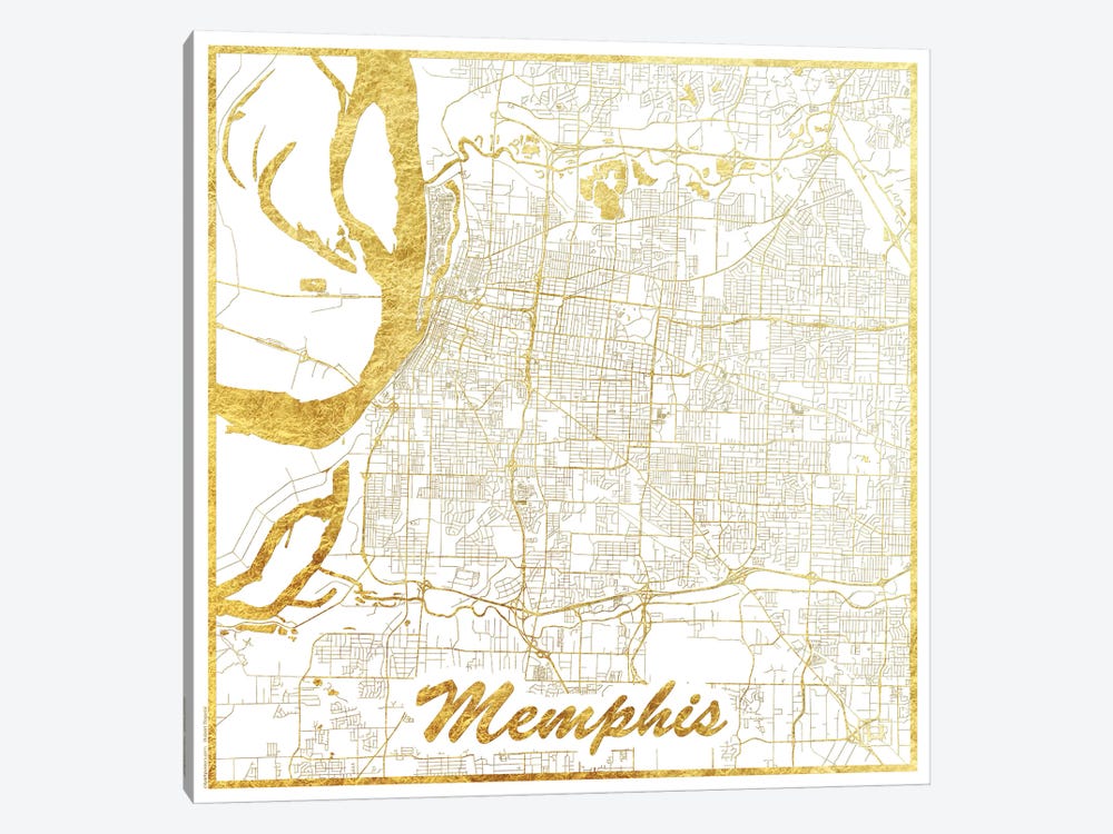 Memphis Gold Leaf Urban Blueprint Map by Hubert Roguski 1-piece Canvas Art