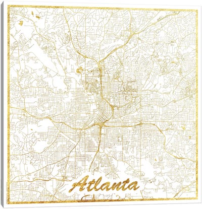 Atlanta Gold Leaf Urban Blueprint Map Canvas Art Print - Black, White & Gold Art