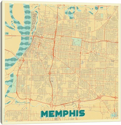 Memphis Retro Urban Blueprint Map Canvas Art Print - Tennessee Art