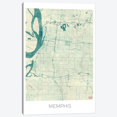 Memphis Vintage Blue Watercolor Urban Blueprint Map Canvas Print #HUR213} by Hubert Roguski Art Print