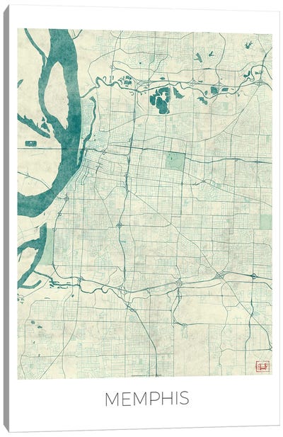 Memphis Vintage Blue Watercolor Urban Blueprint Map Canvas Art Print - Tennessee Art