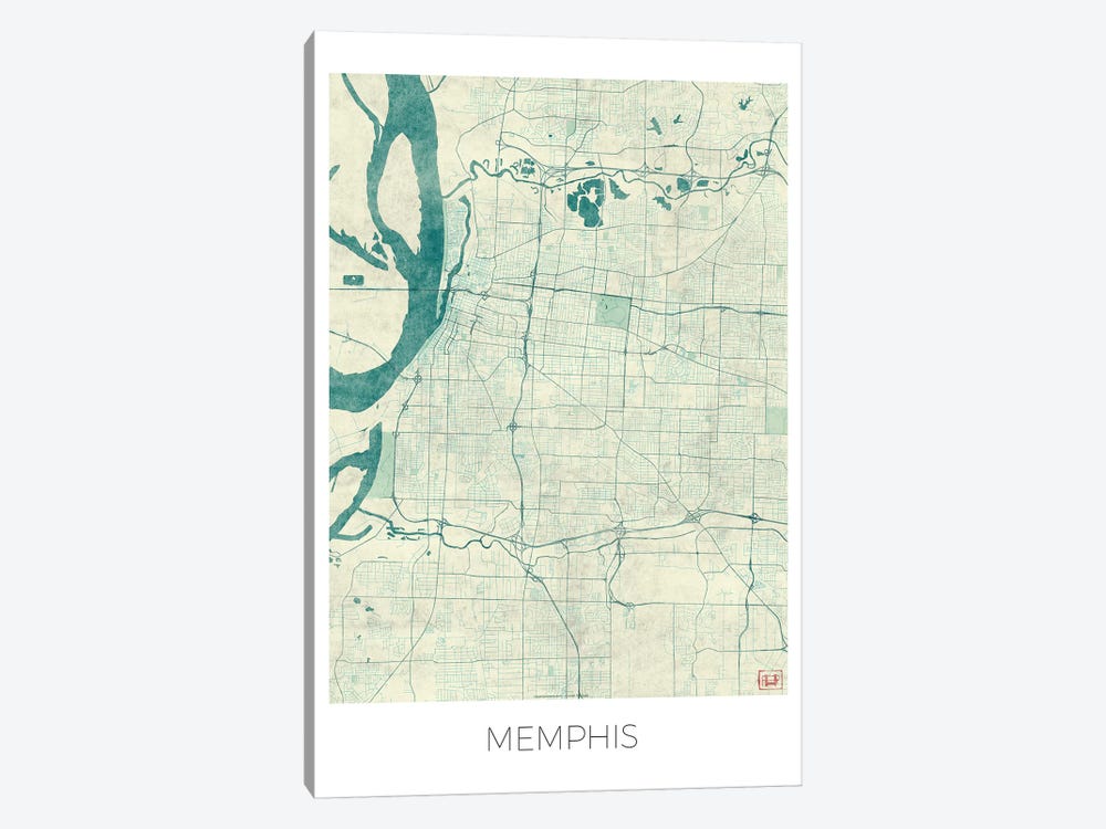 Memphis Vintage Blue Watercolor Urban Blueprint Map by Hubert Roguski 1-piece Art Print