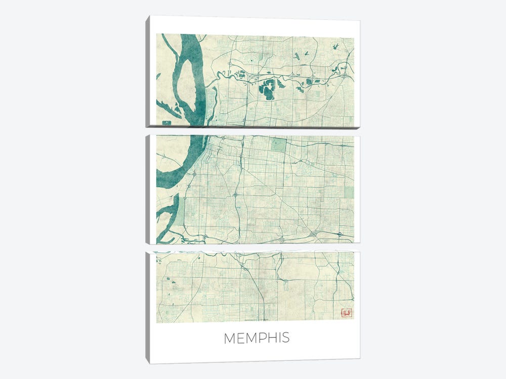 Memphis Vintage Blue Watercolor Urban Blueprint Map by Hubert Roguski 3-piece Art Print