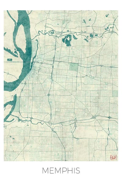 Hubert Roguski: Memphis Vintage Blue Watercolor Urban Blueprint Map by Hubert Roguski