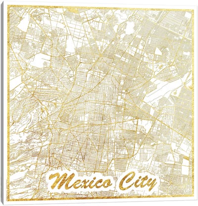 Mexico City Gold Leaf Urban Blueprint Map Canvas Art Print - Gold & White Art