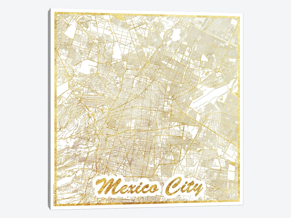 Mexico City Gold Leaf Urban Blueprint Map by Hubert Roguski 1-piece Canvas Artwork