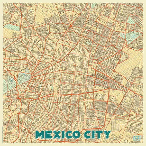 Hubert Roguski: Mexico City Retro Urban Blueprint Map by Hubert Roguski