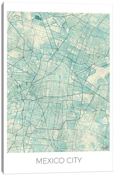 Mexico City Vintage Blue Watercolor Urban Blueprint Map Canvas Art Print - Mexico Art