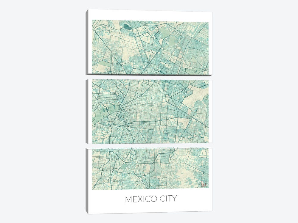 Mexico City Vintage Blue Watercolor Urban Blueprint Map by Hubert Roguski 3-piece Canvas Print