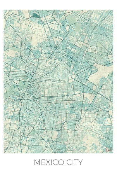 Hubert Roguski: Mexico City Vintage Blue Watercolor Urban Blueprint Map by Hubert Roguski